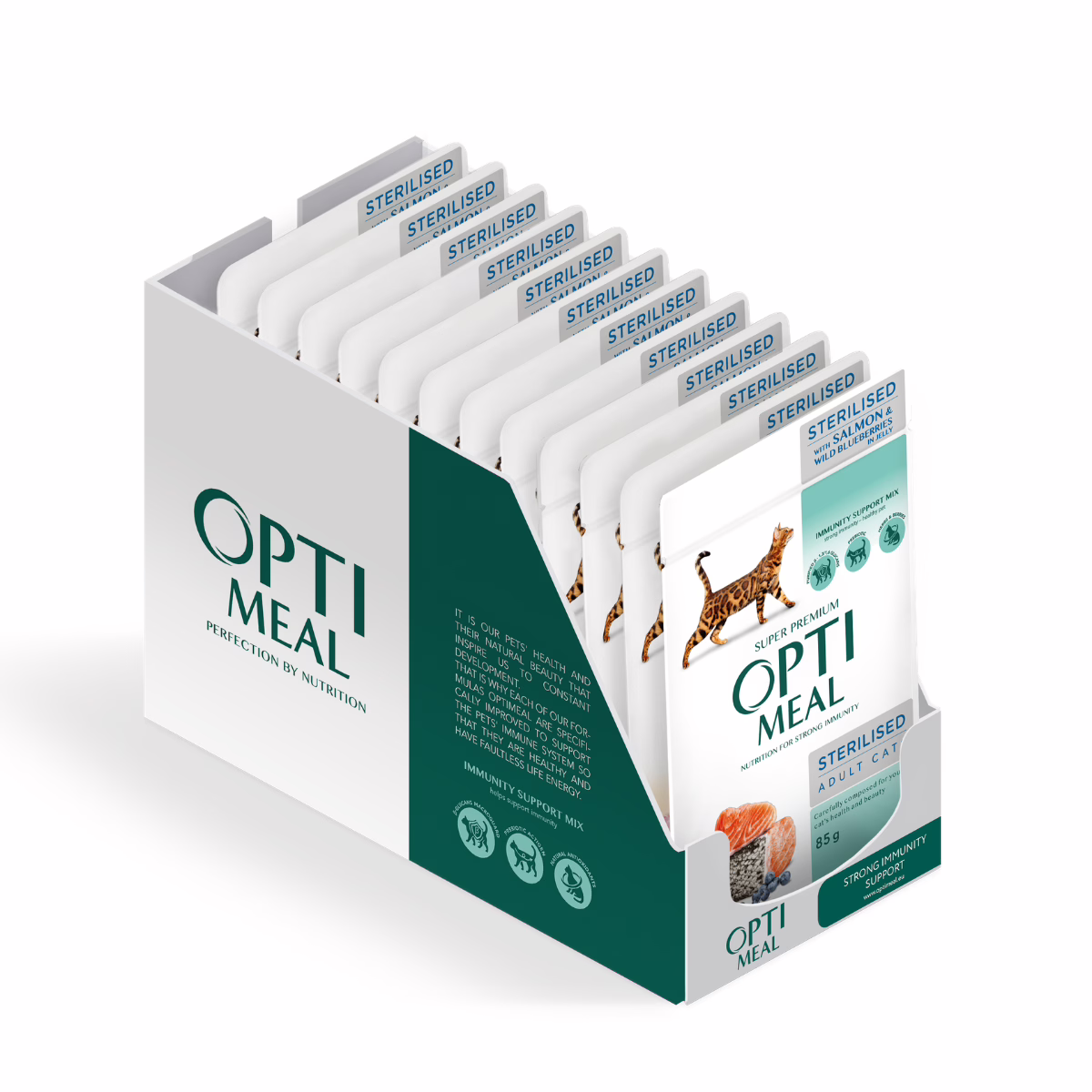OPTIMEAL طعام رطب للقطط المعقمة، سلمون مع التوت الأزرق البري في الجيلي