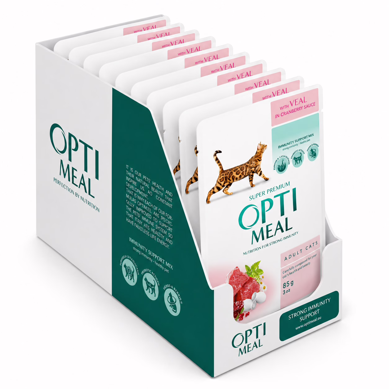 OPTIMEAL طعام رطب للقطط البالغة, لحم العجل بصلصة التوت البري (كيس 85 غرام)