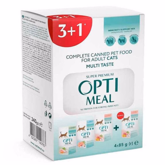 OPTIMEAL طعام رطب للقطط البالغة، نكهات مشكلة (عرض 3+1، 4 أكياس 85 غرام)