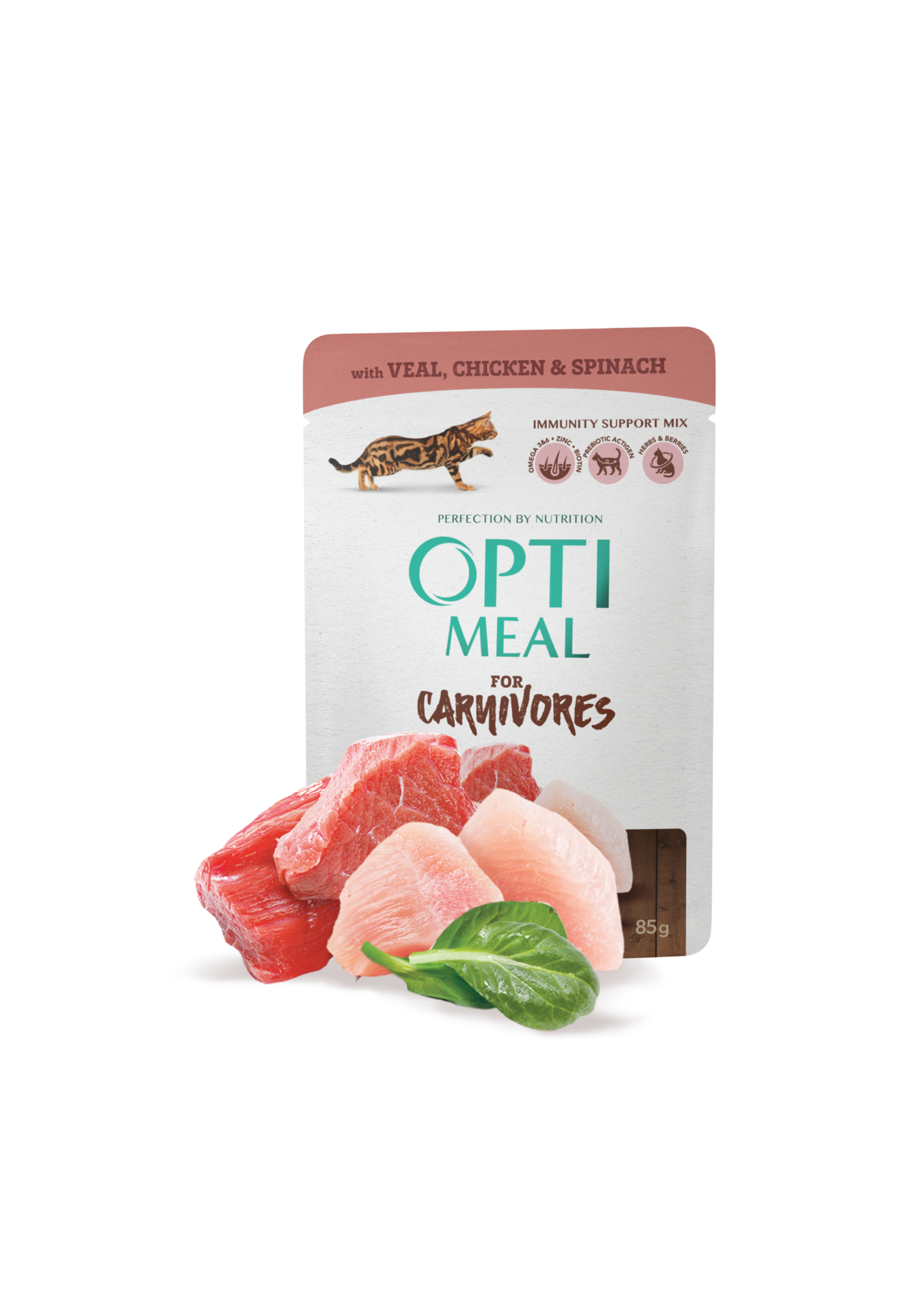 Optimeal Super Premium Adult Cats – Veal, Chicken & Spinach in Sauce (85g) - Image 5