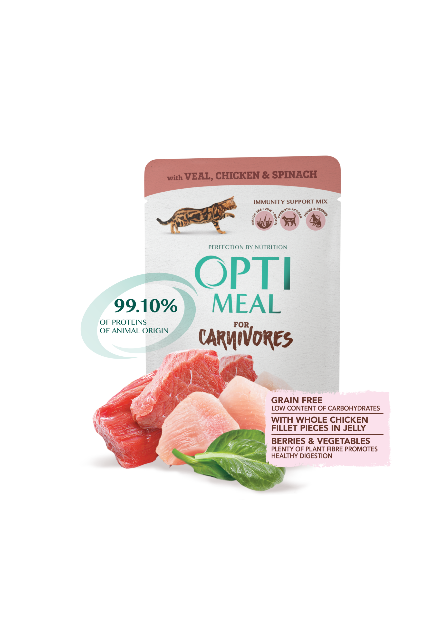 Optimeal Super Premium Adult Cats – Veal, Chicken & Spinach in Sauce (85g) - Image 1