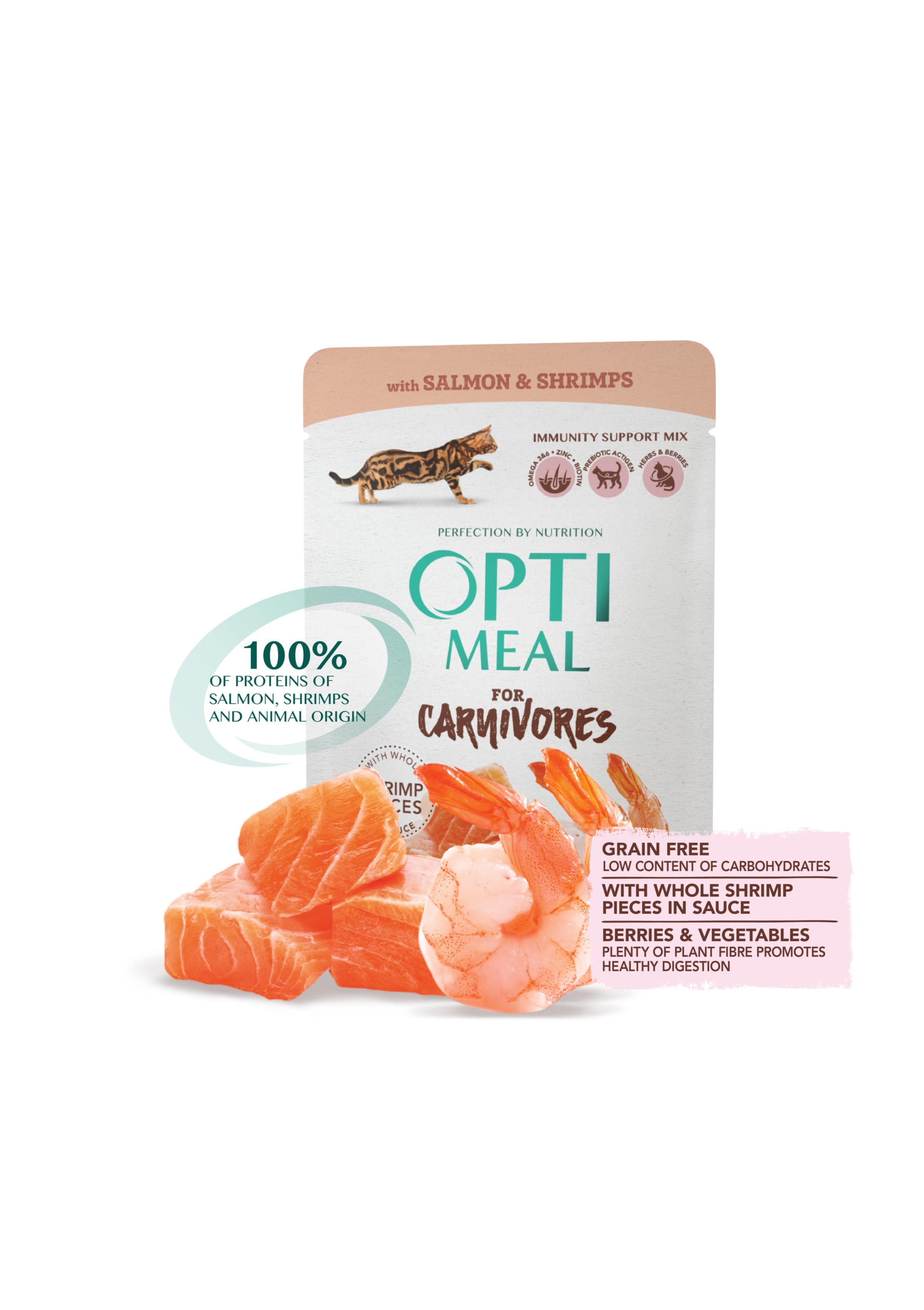 4820083906008_ 85 г_ أوبتيمال سوبر بريميوم للقطط البالغة – السلمون والروبيان في المرق (85 غرام). - الصورة 1