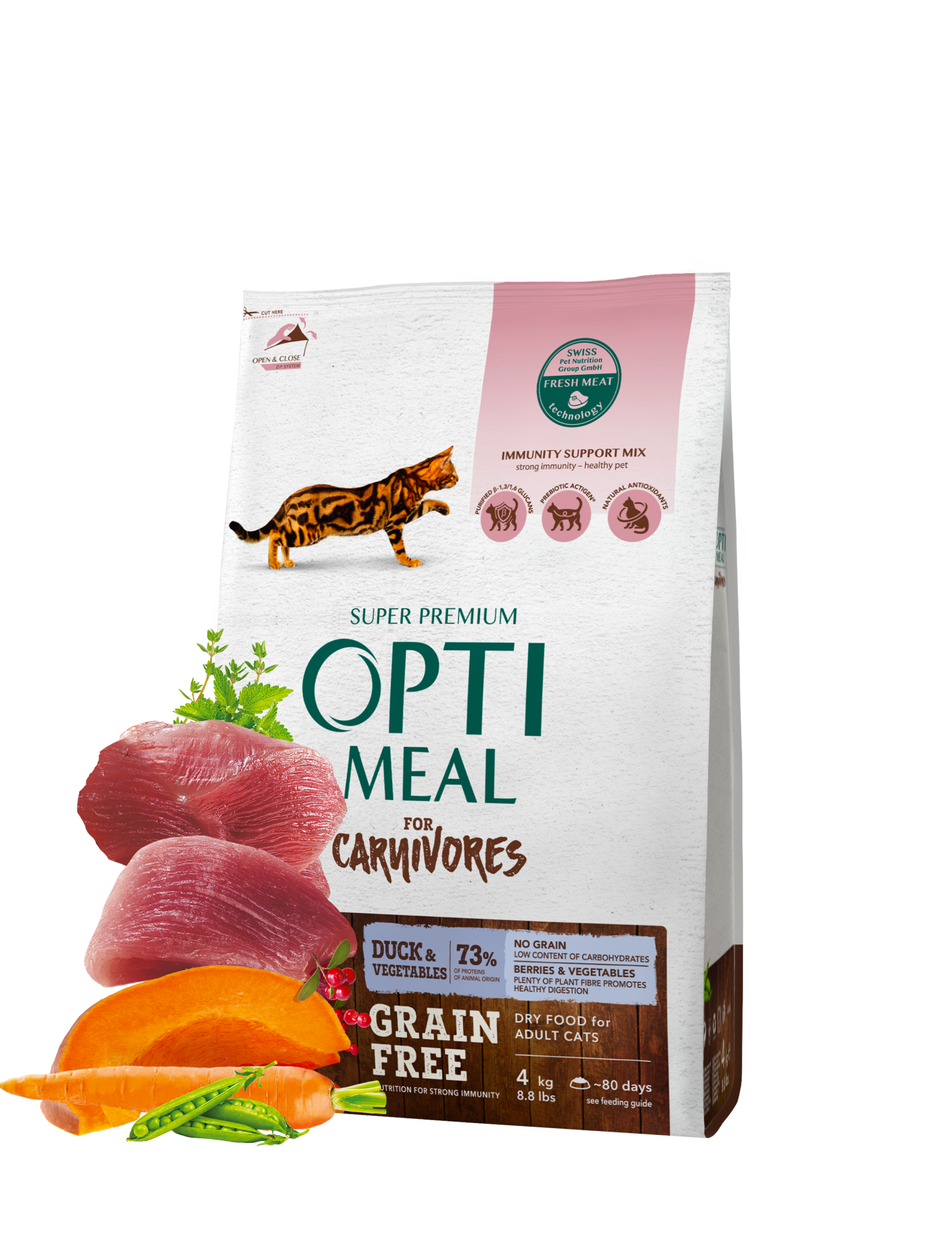 NOGRAIN_Duck_4kg_meat1 أوبتايميل للقطط البالغة – خالي من الحبوب – بط (4 كجم) - الصورة 1