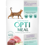 أوبتايميل سوبر بريميوم للقطط البالغة – بط وكبد في جيلي التفاح (التحكم في كرات الشعر) – 85 جم