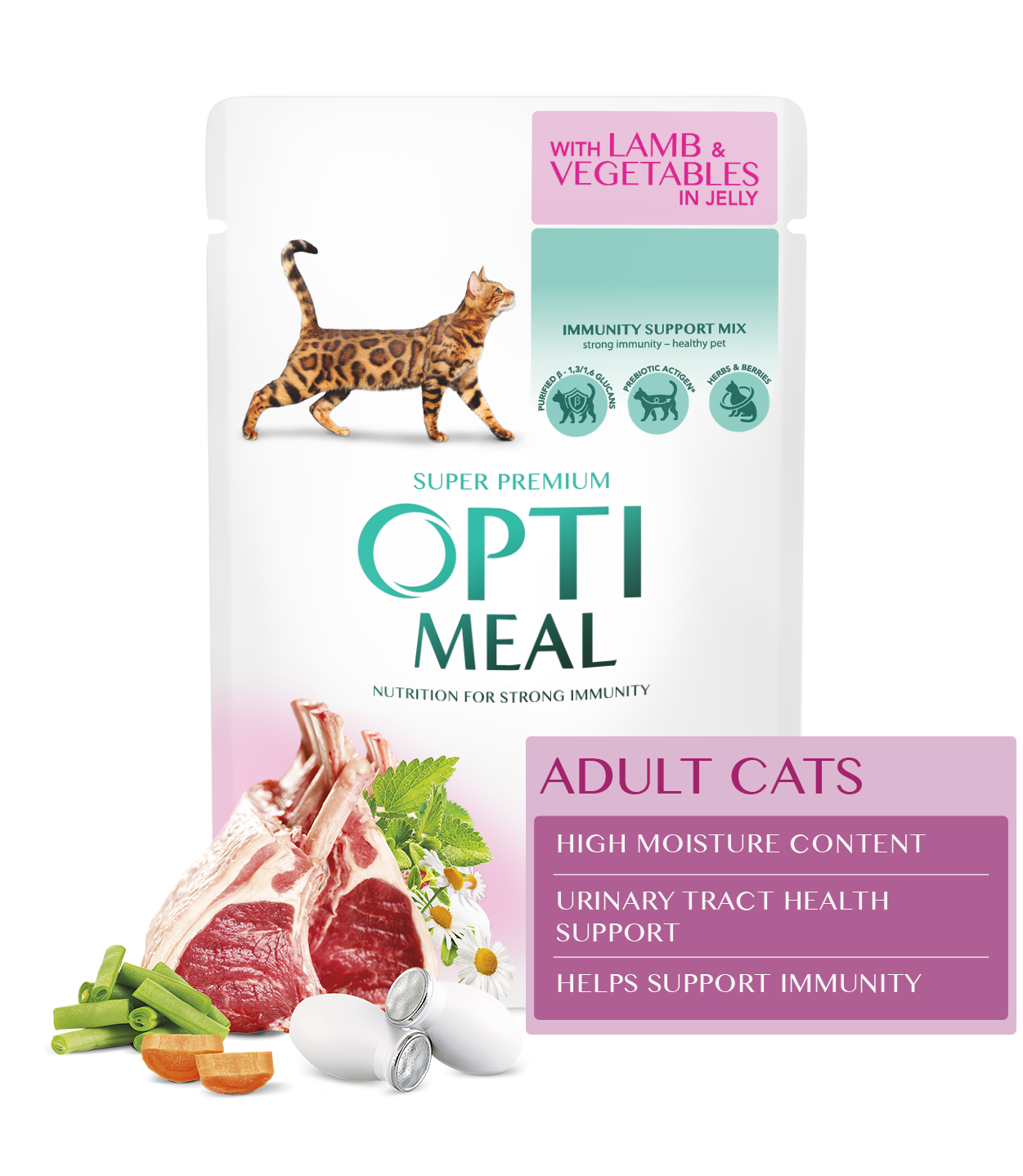 PAUCH_CAT_LAMB_VEGETABLES+KLEJMY أوبتيمال سوبر بريميوم للقطط البالغة – لحم الضأن والخضروات في الهلام (85 غرام) - الصورة 1