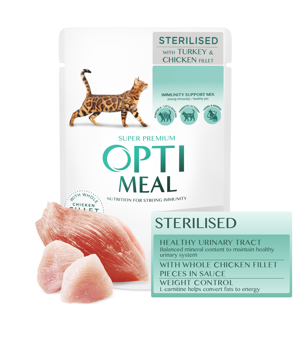 PAUCH_CAT_STERILISED+KLEJMY أوبتيمال للقطط البالغة المعقمة – الديك الرومي وفيليه الدجاج في المرق (85 غرام). - الصورة 1