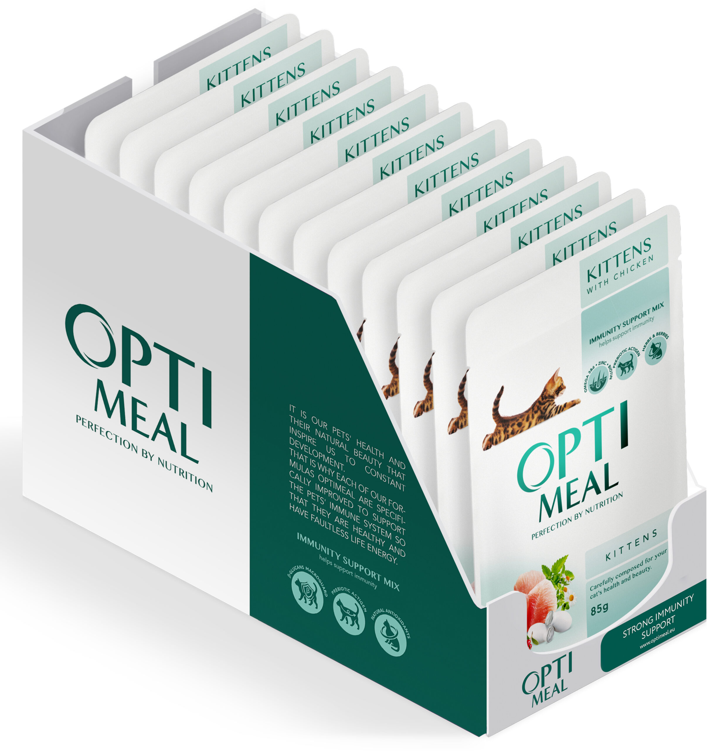 pack أوبتيمال للقطط المعقمة – الديك الرومي وفيليه الدجاج (85 غرام) – صندوق العرض الكامل (12 × 85 غرام). - الصورة 1