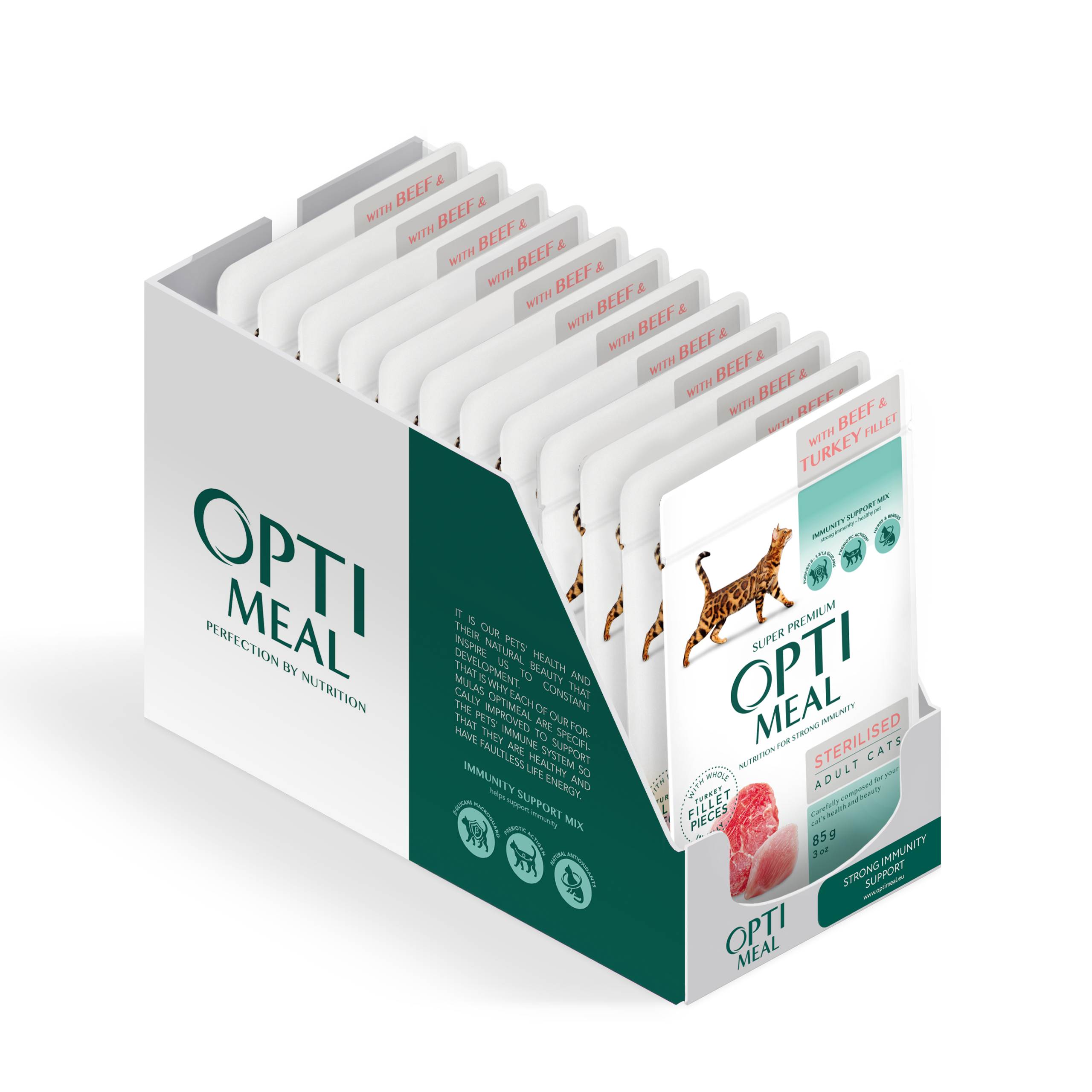 showbox_cat_Ster_with_BEEF and TURKEY fillet أوبتيمال للقطط البالغة المعقمة – لحم البقر وفيليه الديك الرومي في الهلام (85 غرام) – الصندوق الكامل. - الصورة 1