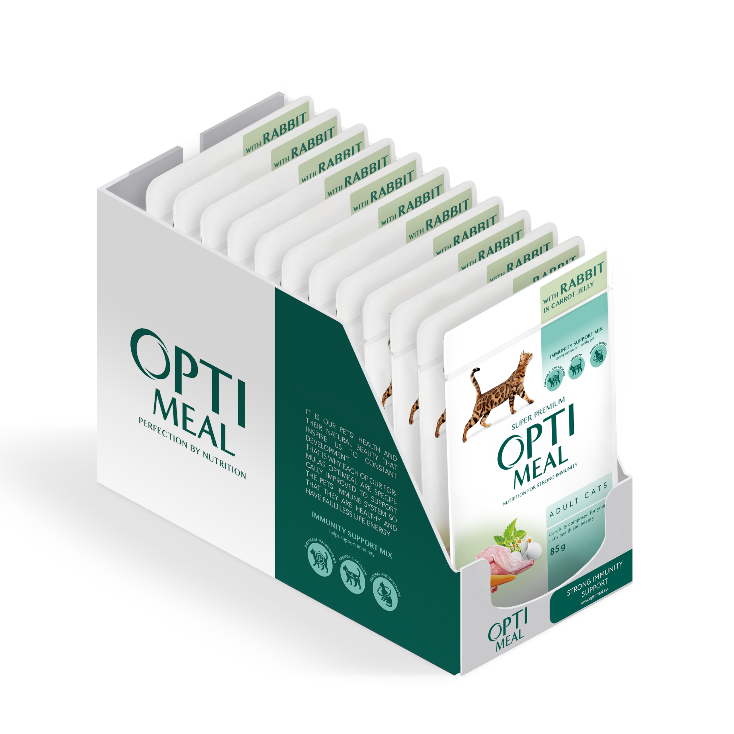 showbox_cat_Wet_Rabbit in Carrot jelly (1) أوبتيمال سوبر بريميوم للقطط البالغة – لحم الأرانب في هلام الجزر (85 غرام) – صندوق العرض الكامل (12 × 85 غرام). - الصورة 1